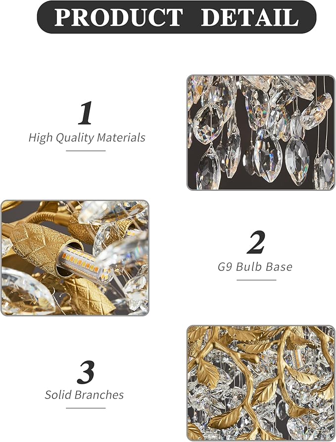 Modern Crystal Chandelier for Dining Room, 31.5" 10-Light Gold Tree Branch Chandeliers, Luxury K9 Crystal Rectangular Chandeliers for Kitchen Island Living Room