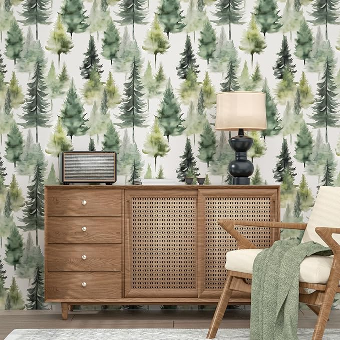 Misty Forest Wallpaper Peel and Stick Foggy Green/Yellow Pine Trees Contact Paper Waterproof Self-Adhesive Woodland Wall Paper for Bedroom Countertop Desk Cabinets Decor 17.4" x 118" Renter Friendly