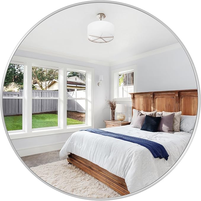 KOCUUY 48" Large Silver Round Mirror, Oversized Wall Mounted Bathroom Metal Framed Circle Mirror, Modern Vanity Circular Mirrors for Wall, Over Sink, Living Room, Bedroom Decor