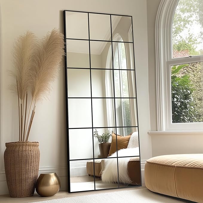 Delma Full Length Mirror, 30"x 70" Window Pane Decorative Mirror for Wall, Black Metal Framed Wall Decor, Wall Mounted, Hanging or Leaning for Bedroom, Living Room, Entryway