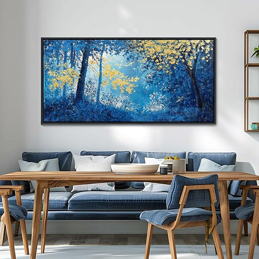 Blue and Gold Canvas Wall Art - Forest Bedroom Wall Art - Tree Wall Pictures for Living Room, Office, or Bedroom - Nature Landscape Canvas Decor Framed Painting 24×48IN