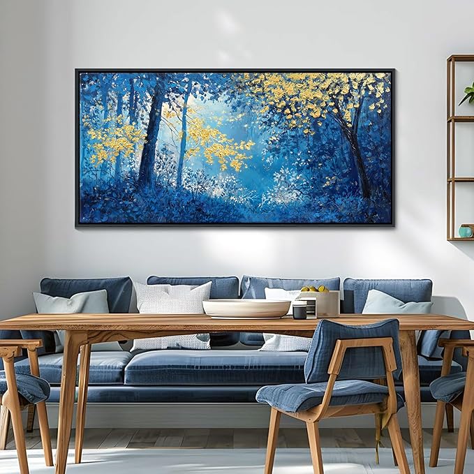 Blue and Gold Canvas Wall Art - Forest Bedroom Wall Art - Tree Wall Pictures for Living Room, Office, or Bedroom - Nature Landscape Canvas Decor Framed Painting 20×40IN