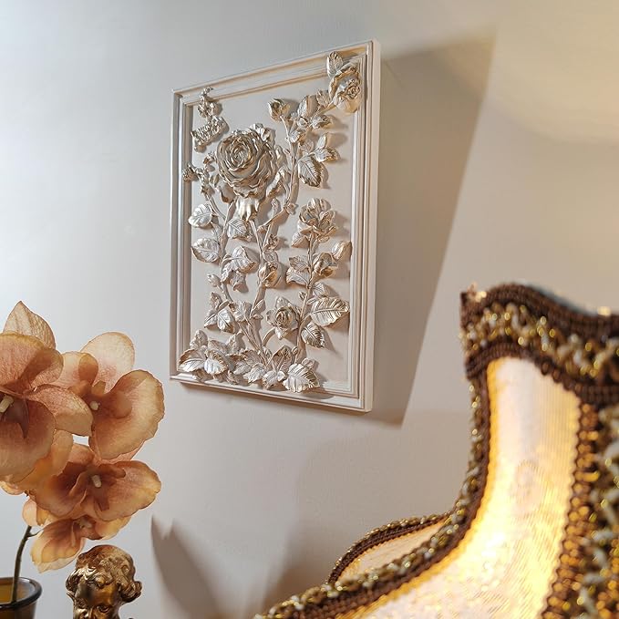 Kangce Vintage Wall Sculptures,Antique Wall Art with Hand-Carved Rose Pattern, Victorian Home Decor,for Living Room, Bedroom,Hallway Gallery,Rectangular,Off-White and Gold