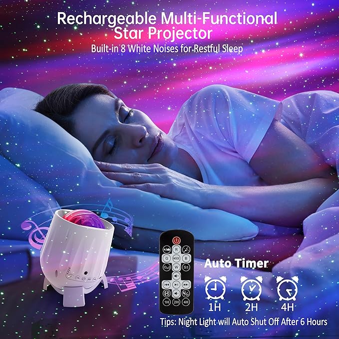 Northern Lights Projector, Rechargeable Battery Star Night Light with Bluetooth Speaker, White Noise Sleep Aid & Timer, Bedroom Galaxy Projector Decor, Gift for Kids, Adults