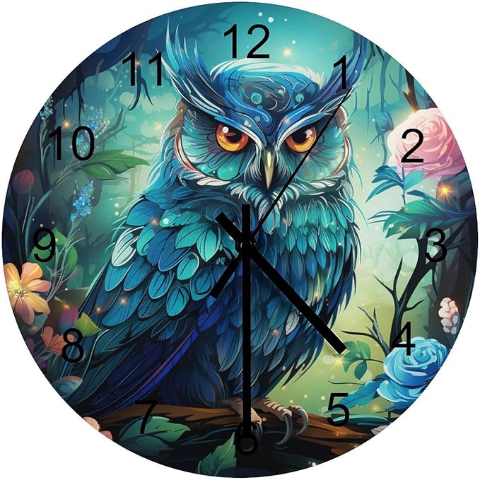 Blue Owl Watercolor Cartoon Round Wall Clock, Forest Flower Butterfly Background Handsome Owl Bird Theme, Wooden Silent Wall Decoration Wall Clock For Boys' And Girls' Bedrooms 12x12INCH
