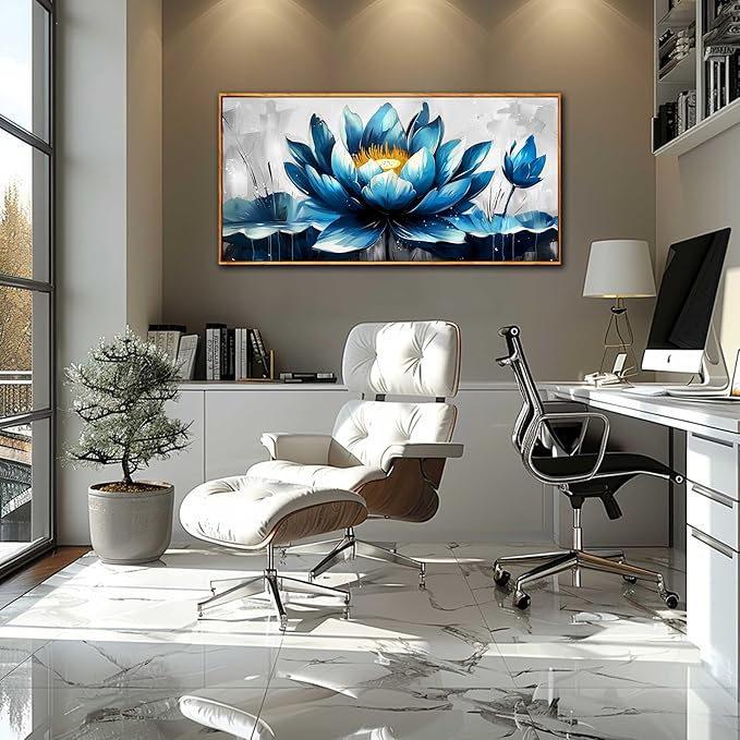 Ouzzlie Lotus Wall Art Blue Wall Decor Flower Painting Gray Canvas for Bedroom Modern Art 24" x 48"
