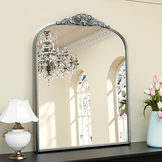 Keonjinn Vintage Mirror 30" x 36", Silver Antique Mirrors for Wall Decor, Arched Decorative Mirror for Mantle, Hallway, Living Room, Fireplace, Bedroom, Bathroom Mirror with French Cleat Mounting