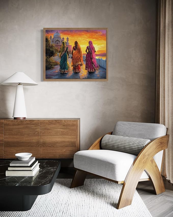 India Art Print Poster, Asia Oriental Countries Culture Wall Art Asian Paintings for Bedroom Bathroom Living Room Decor 97 (India, 24 x 36 inches, Wood Frame)