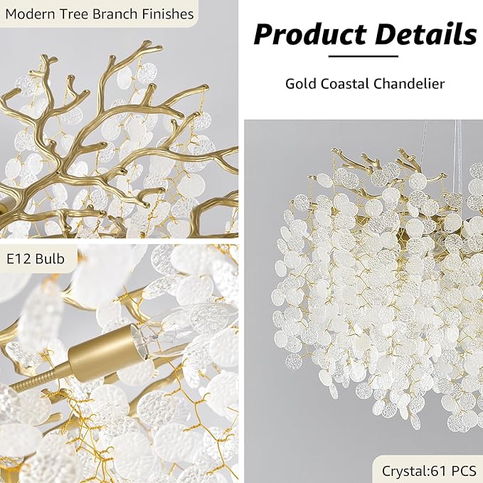 24-Inch Capiz Shell Chandelier, 8-Light Gold Coastal Chandelier, Modern Crystal Tree Branch Chandeliers, Boho Light Fixture for Bedroom, Living Room, Foyer, Entryway, Stairwell