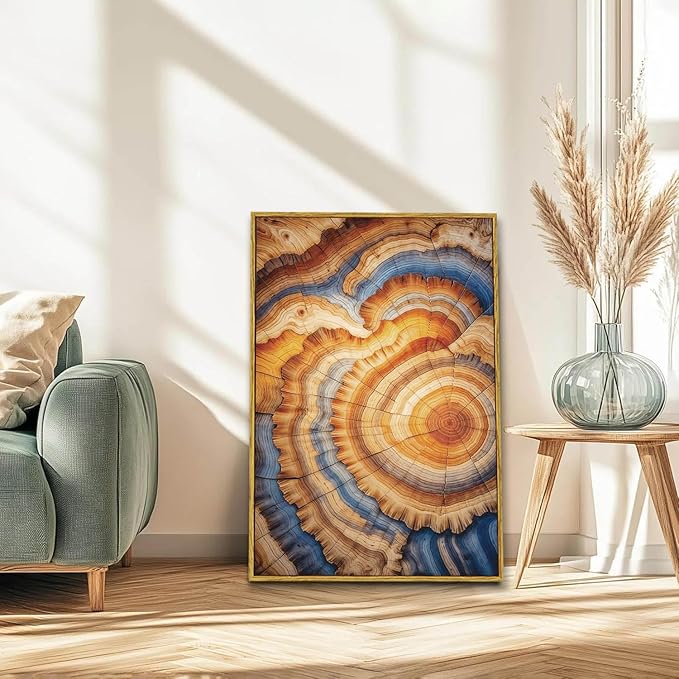 BingruiArt Large Framed Tree Ring Wall Art Wood Canvas Colorful Boho Wall Decor Rustic Artwork Abstract Painting Farmhouse Picture Nature Print for Living Room Bedroom Bathroom 24"x36" Natural Framed(09)