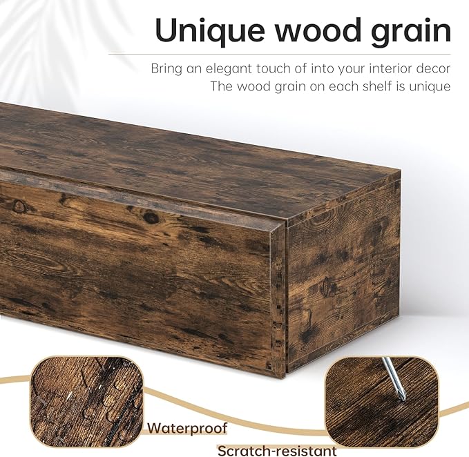 72inch Fireplace Mantel Shelf Rustic Fireplace Shelves,Wall-Mounted Floating Mantle for Fireplace or Living Room Decor,with Hidden Storage,MDF Wood,DIY Assembly Required,Brown (72Lx8Dx7H)