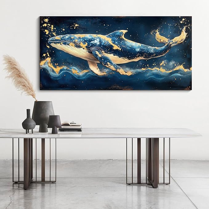 JEAWA Large Canvas Wall Art - Marine Animal Painting Wall Decor, Blue White Gold Whale Picture, Modern Art Prints for Living Room Bedroom Bathroom Home Decoration, 29x58 IN