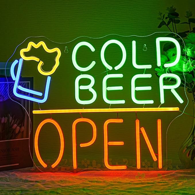 Cold Beer Open Neon Sign Beer Neon Light for Wall Decor Cold Beer LED Neon Signs Colorful Led Neon Lights for Man Cave Store Bar Party Bistro Decoration