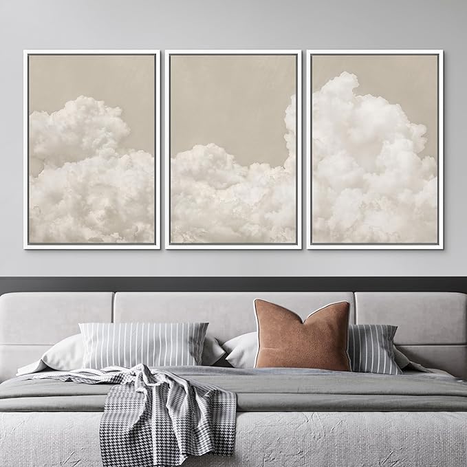 MUDECOR Framed Wall Art Print Set Serene Sky Filled with Fluffy Clouds Illustrations Modern Art Decorative Colorful for Living Room, Bedroom, Office - 16"x24"x3 White