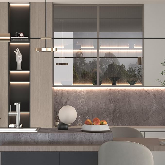 JSEVEM 31"×157 Air Guide Design Extra Wide Thick Grey Light Purple Marble Concrete Wallpaper Peel and Stick Glossy Grey Marble Concrete Contact Paper Vinyl Gray Adhesive Sticker for Kitchen Countertop