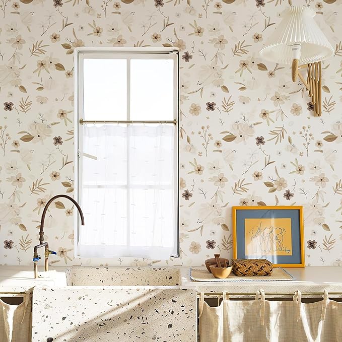 17.3"x118" Warm White Peel and Stick Wallpaper Autumn Floral and Leaf Wallpaper Self Adhesive Contact Paper Brown Flower Wall Paper Leaves Removable for Bedroom Furniture Decor