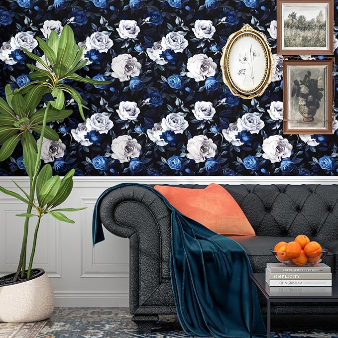 Black Foral Wallpaper Peel and Stick Dark Blue White Rose Contact Paper 17.4" x 393", Self-Adhesive Removable Vintage Flower Wall Paper for Bedroom Countertop Desk Cabinets Decor Renter Friendly