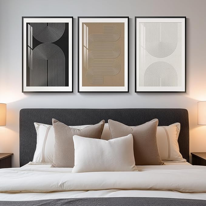 Large Framed Boho Neutral Abstract Wall Art, 3 Piece Modern Art Prints Paintings Artwork for Walls, Minimalist Black White Brown Geometric Pictures for Living Room, Dining Room, Bedroom Wall Decor