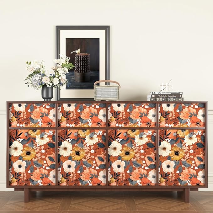 Orange Wallpaper Peel and Stick Retro Floral Contact Paper Self Adhesive Removable Waterproof Easy Peel Off Wall Paper Stick on Bedroom Cabinet Renter Friendly 17.5 x 118In