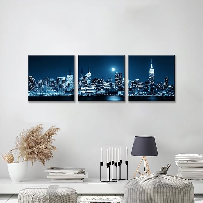 NAN Wind 3-Piece Modern Manhattan Night Skyline Canvas Art Blue Moon Urban Cityscape Wall Decor Contemporary NYC-Inspired Night View Panoramic Prints Framed City Canvas Set for Home Office Living Room