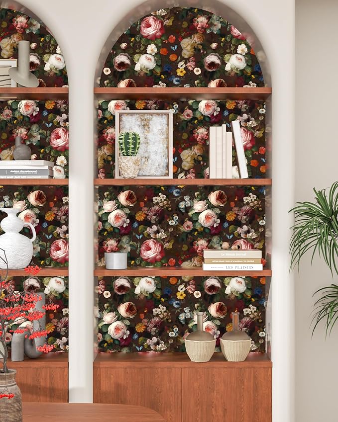 Brown Floral Peel and Stick Wallpaper Boho Leaf Contact Paper Dark Rose Removable Self Adhesive Waterproof Wall Paper for Cabinet Drawers Wall Decor Renter Friendly 17.5''x118.1''