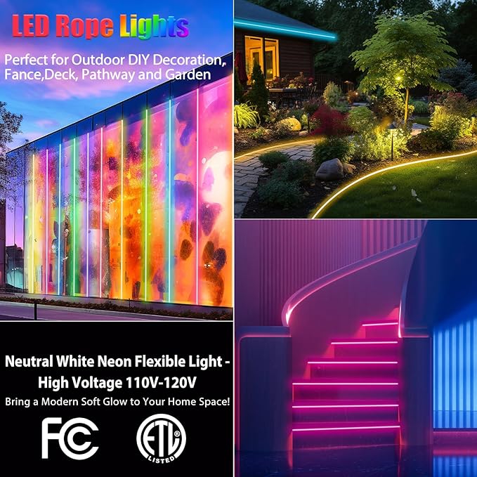65.6ft RGB Led Rope Lights Commerial Grade Waterproof RGB Led Strip Lights with Remote, 110V 120V Plug-in Neon Strip Lights with Dimmable Power Adapter for Outdoor,Indoor Using