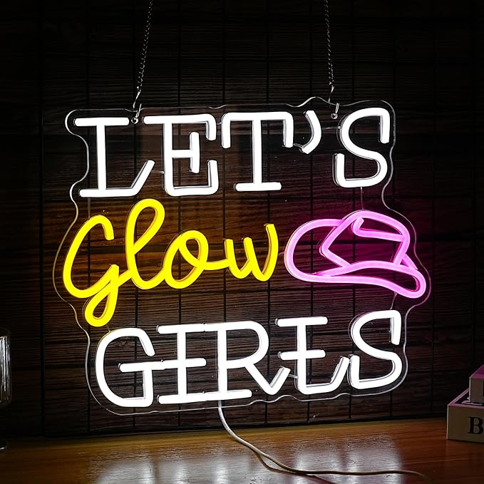 Let’s Glow Girls Neon Sign for Wall Decor 16.5‘’*12.2‘’ Light Up Sign Powered by USB Dimmable Led Cowboy Hat Neon Light for Girls Room Bedroom Party Wedding Gifts (White Yellow Pink)
