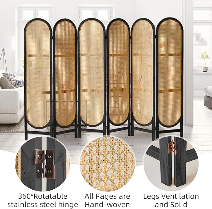 6 Panels Room Dividers and Hand-Woven Rattan Room Divider Wall, Wood Room Divider Folding Privacy Screens for Home Office Bedroom, Black