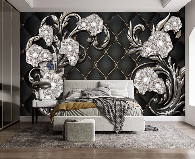 Black Hard Wrapped Pearl Embossed Flowers Wall Mural Wallpaper for Bedroom 103" x 69"