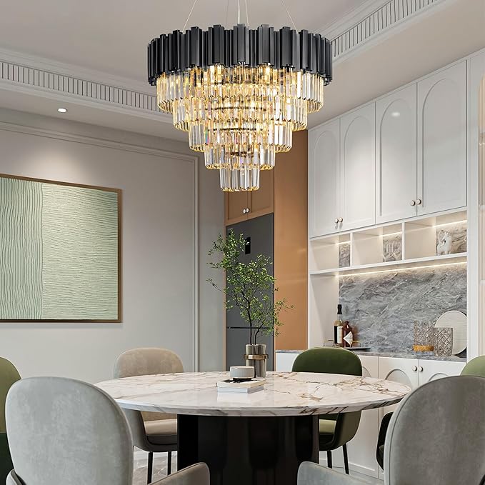 5-Tier 27.5" Black Chandelier, 9-Light Modern Crystal Chandelier, Luxury Round K9 Crystal Chandeliers Pendant Light Fixture for Dining Room, Living Room, Bedroom, Foyer, Entryway, Kitchen, Restaurant