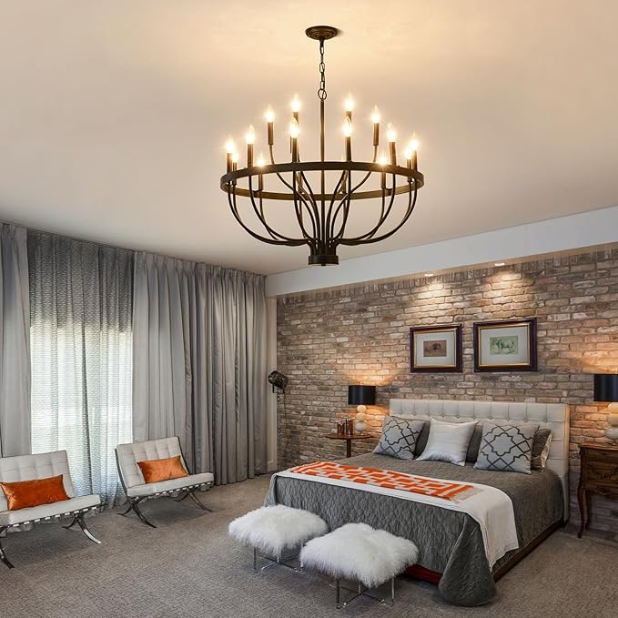 Black Farmhouse Chandelier 32-Inch, 18-Light Dining Room Chandelier, Modern Industrial Candle Chandeliers for Living Room Entryway Foyer E12