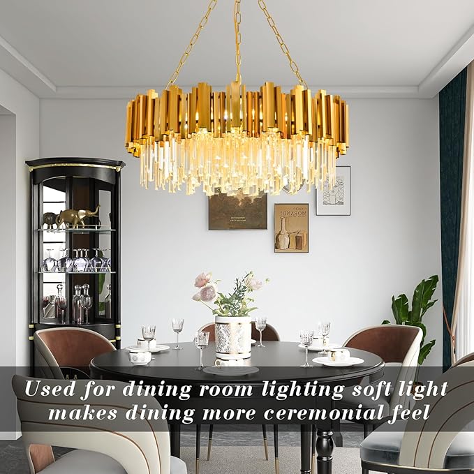 Modern Gold Crystal Chandelier Hanging Ceiling Light Fixture 12 Lights Round Crystal Chandeliers for Dining Room Pendant Light Fixture Crystal Chandeliers Living Room Bedroom Entryway W29in