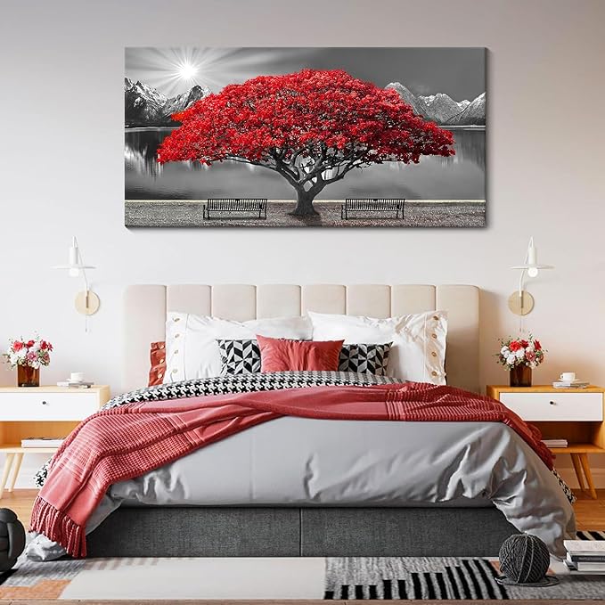 Mofutinpo Black and White Red Tree Wall Art Canvas Print Picture Large Red Tree Landscape Modern Artwork for Living Room Bedroom Office Home Wall Decor With Frame 24X48inch