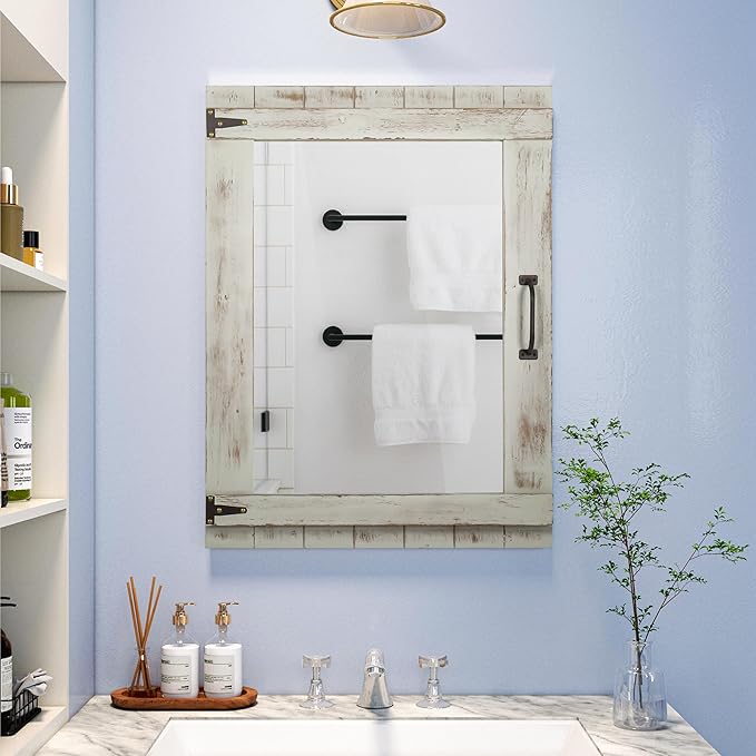 Oakrain Farmhouse Mirror, 24x32 Inch Distressed Gray Wood Frame with Black Metal Hinges, Rustic Wall Mirror for Bathroom, Living Room, Entryway, Bedroom