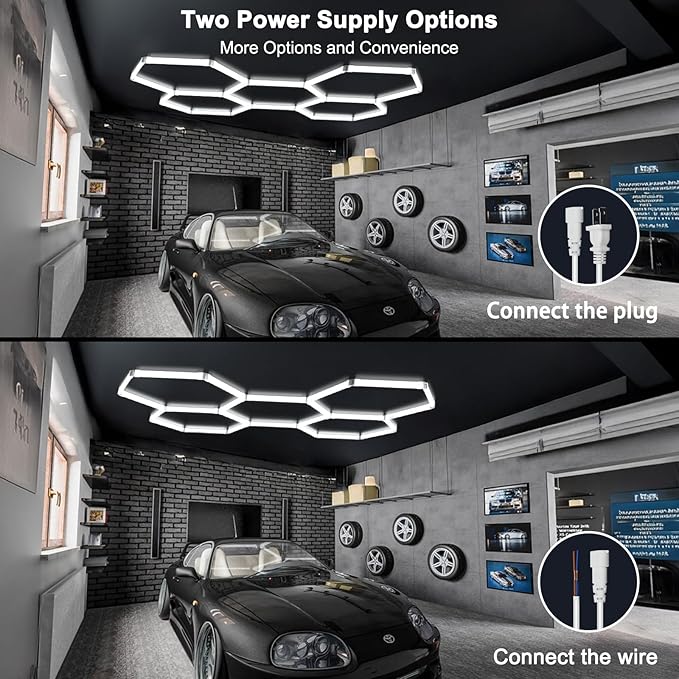 3 Colors Hexagon LED Shop Lights, 192W 23040LM Garage Ceiling Lights, Hardwire or Plug-in, IP62, Flicker-Free, Expandable DIY Design for Workshop Garage Gym, 25 Pack