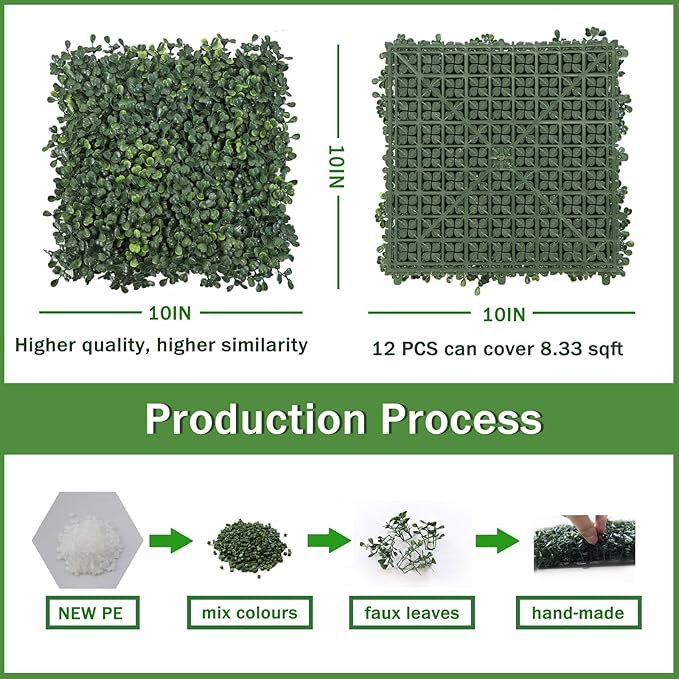 Artificial Grass Wall Panels, 10"x 10"(12P) Faux Boxwood Panels for Outdoor Indoor Green Grass Wall Decor, Party Wedding Garden Fence Decorations