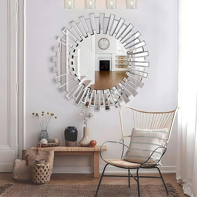 BST FURNH Large Round Mirror Wall Decor 32 Inches Big Decorative Wall Mirror with Irregular Framed and Beveled Edge Mirrors for Wall Silver Large Wall Mirror Frameless Mirrors