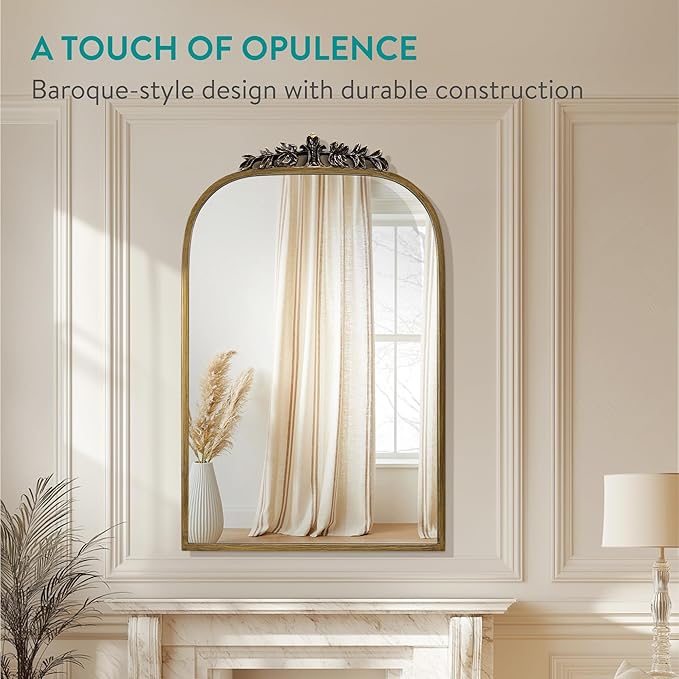 Navaris Vintage Mirror - Decorative Gold Antique Mirror - Large Brass Arched Mirrors - French Mirrors for Bathroom Wall Above Mantel or Fireplace - Ornate Baroque Victorian Style