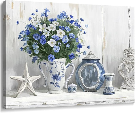 Nicetop Bathroom Decor Wall Art Vintage Coastal Picture Blue and White Anemone Flowers in Vase with Starfish and Bottle Pottery Canvas Print Rustic Country Farmhouse Artwork for Bedroom 16x12 Inch