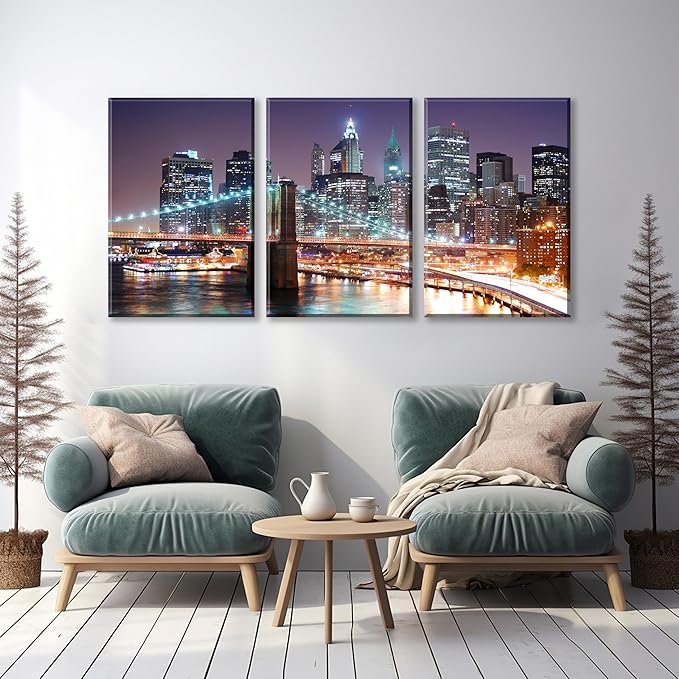 3Pcs 20X30inches New York City Skyline Canvas Wall Art Brooklyn Bridge Night View Framed Wall Decor Blue Purple Manhattan Urban Cityscape Picture Canvas Artwork Modern Home Decor Living Room Office