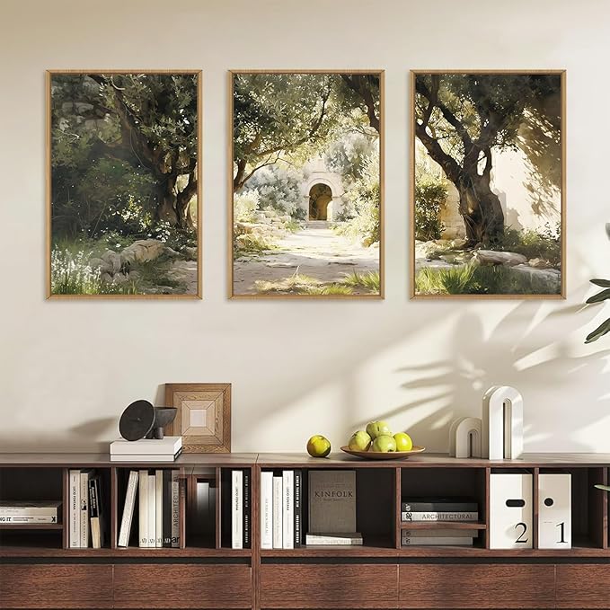 Ausril Garden of Gethsemane Landscape Framed Canvas Wall Art, Jerusalem Town Villages Scenery Prints, Jesus Boho Religious Decor, Christian Bible Art Painting for Bedroom Living Room Office 16"x24"x3