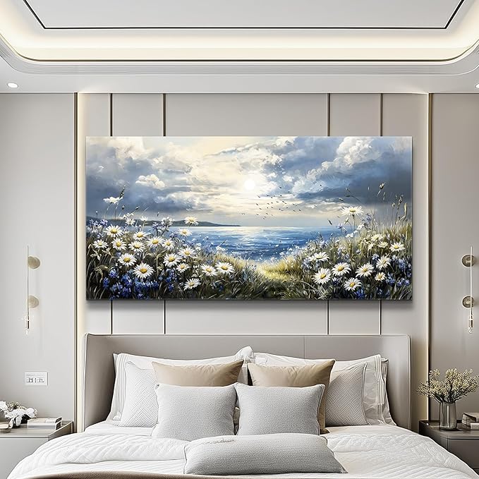 KELIYUAN Large Wall Decor Canvas Painting Wall Art For Living Room Decor Blue Mediterranean Garden Landscape Painting Bedroom Print Artwork Picture For Dining Room Bathroom Home Decoration 24x48 In