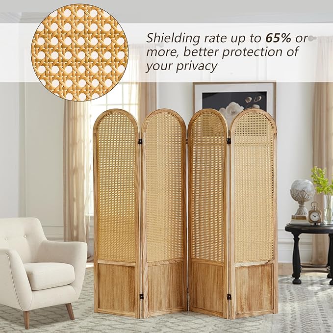 4 Panel Rattan Room Divier, Room Divider Panel and Folding Privacy Screens, Room Divider Wall, Solid Wood Frame, Partition Room Dividers, Bedroom, Dining Room, Lounge, Light Brown