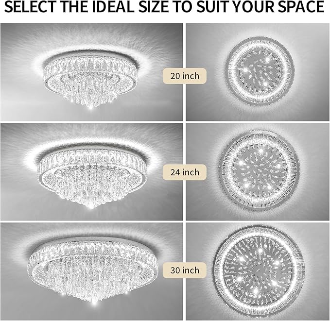 30" Ceiling Crystal Chandeliers: K9 Crystals 3 Color Temperature Led Light Dimmable with Remote - Modern Silver Chandelier Crystal Flush Mount Ceiling Lights for Dining Room, Living Room, Bedroom