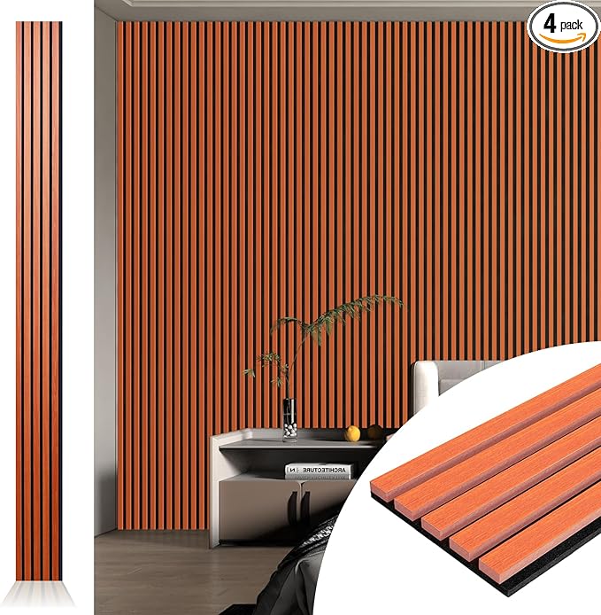 Art3d 4pcs-107 x 8in Slat Acoustic Panel for Wall and Ceiling, 3D Fluted Sound Absorbing Panel with Wood Finish, Cherry
