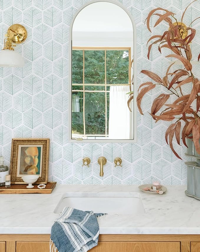 MelunMer Modern Peel and Stick Wallpaper Boho Contact Paper for Cabinets/Drawers 197In L 17.3In W Self Adhesive Removable Wallpaper for Bedroom/Bathroom Waterproof Geometric Contact Paper Green/White