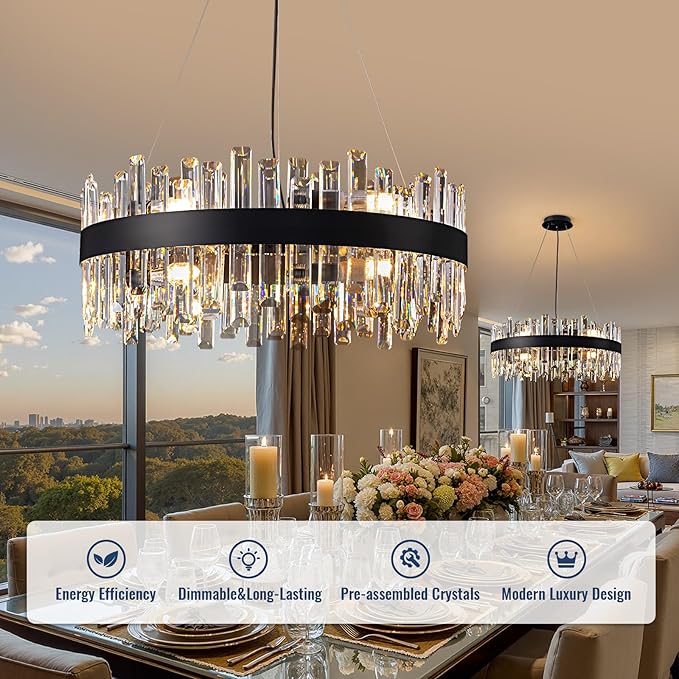 Modern Crystal Chandelier for Dining Room, 12-Light Black Round Chandelier, 23.6-inch K9 Crystal Raindrop Ceiling Light, Luxury Flush Mount Light Fixture for Kitchen Living Room Entryway