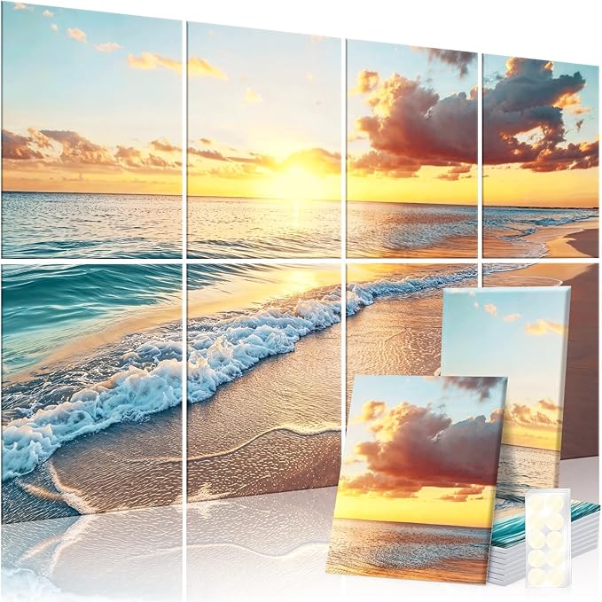8 Pack Decorative Sound Absorbing Panels, Sound Absorbing Wall Art, 48X32 Inches Acoustic Wall Art for Decoration, Art Acoustic Panels, Acoustic Treatment, Adhesive Included, Sunrise Beach