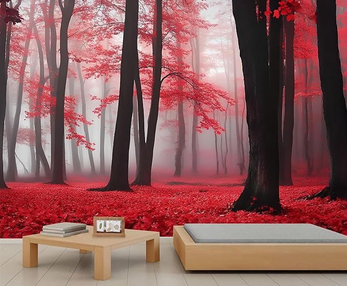 Misty Forest Mural Wallpaper, Red Forest Murals, 3D Natural Landscape Murals Wallpaper for Living Room Bedroom Home Decor Mural - 169.3" W x 118.16" H (Not Peel Stick)