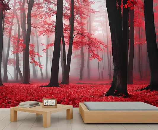Misty Forest Mural Wallpaper, Red Forest Murals, 3D Natural Landscape Murals Wallpaper for Living Room Bedroom Home Decor Mural - 110" W x 93" H (Not Peel Stick)